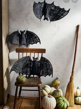 Anthro Large Home Rattan Handwoven Black Bat Wall Décor